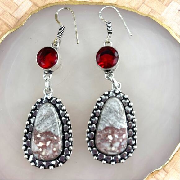 925 Sterling Leopard Skin Jasper & Garnet Earrings - Picture 1 of 6